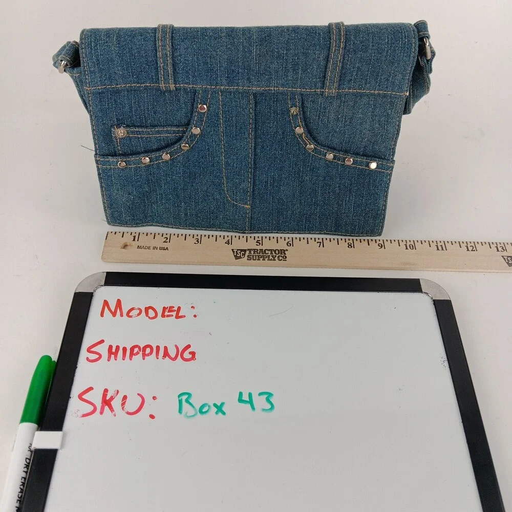 Womens Solid Blue Rectangular Shaped Studded Denim Shoulder Bag